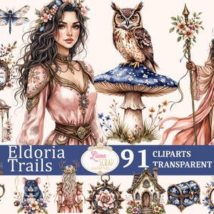 Ensemble de 91 cliparts Eldoria Trails - aquarelles florales, personnages fantastiques, PNG pour art numérique, agendas, forêt de fées magiques, champignons
