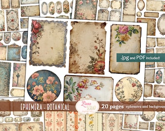 May include: A digital scrapbook kit with 20 pages of botanical ephemera and backgrounds. The kit includes floral illustrations, frames, and labels in vintage style with a distressed, aged look. The text "EPHEMERA - BOTANICAL" and "20 pages ephemera and backgrounds" is included in the image.