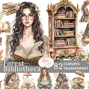 Forest Bibliotheca 82 Clipart Images Transparent PNG Bookish Aesthetic Digital Planner Stickers Vintage Library Illustrations Watercolor