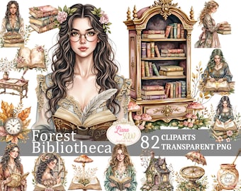 May include: Digital clipart set titled "Forest Bibliotheca" featuring illustrations of a woman with glasses, books, a bookshelf, and other related elements. The set includes 82 transparent PNG images with a vintage, fantasy theme.