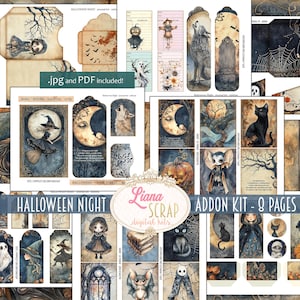 Zestaw Halloween Night Junk Journal ADDON, kolaż fantasy do druku, 8 papierów efemerycznych Spooky Forest, wycinanki, koperty i metki
