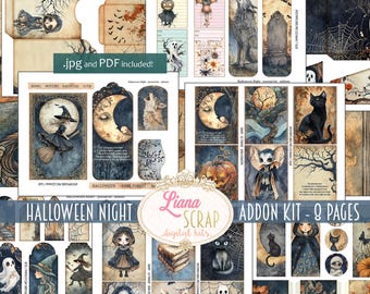 May include: Halloween Night digital scrapbook kit with 8 pages of illustrations. The kit includes images of a witch, a wolf, a cat, a bat, a pumpkin, a moon, a graveyard, and a spider web. The kit is perfect for creating Halloween-themed scrapbook pages, cards, and other crafts.