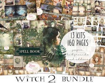 May include: A collage of digital papers and backgrounds for scrapbooking and junk journaling. The collage features a witchy theme with images of a spell book, forest scenes, and autumn leaves. The text "13 Kits 160 Pages" is visible in the center of the image. The text "Witch 2 Bundle" is visible at the bottom of the image.