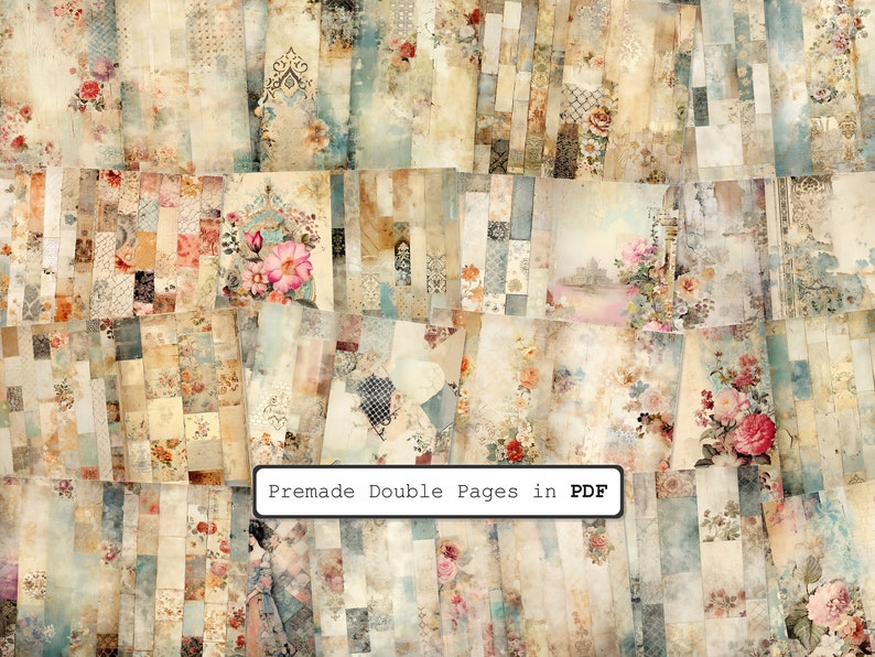 Op de afbeelding: Een digitale collage van 36 dubbelzijdige lay-outs met vintage bloemenpatronen, texturen en kleuren. De collage is gelabeld met "Voorgemaakte dubbele pagina's in PDF".