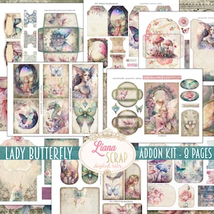 Lady Butterfly Junk Journal ADDON Kit, Schmetterling verzauberte Welt Collage Printables, Fantasy Ephemera, Schmetterling und Feen Ephemera