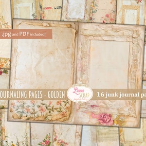 Journalingpagina's - Gouden, Digitale Junk Journal Achtergrond, Collage Afdrukbaar, Botanisch Digitaal Junk Journal, Filler Journal Paper