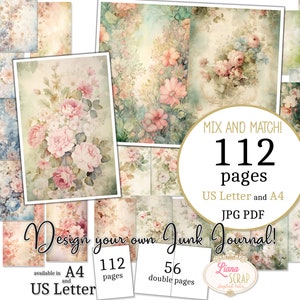 Diario basura - Flores románticas - Tamaño carta de EE. UU. y A4, páginas para mezclar y combinar, papel digital floral en PDF y JPG imprimibles, botánico