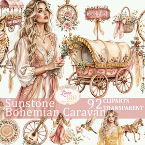 Caravana Boho Sunstone 92 Imágenes Clipart - Remolque Vintage, Mujer Floral, Pegatinas PNG para Planificador Digital, Scrapbooking Boho, Diseño