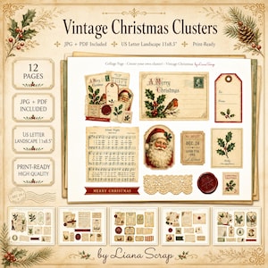 Op de afbeelding: Een collagevel in vintage-stijl met de titel "Vintage Christmas Clusters" met diverse elementen met een vakantiethema. Bevat afbeeldingen van de kerstman, hulst, bladmuziek en postzegels. Het vel is US Letter-formaat, ongeveer 28 x 22 cm, en klaar om af te drukken.