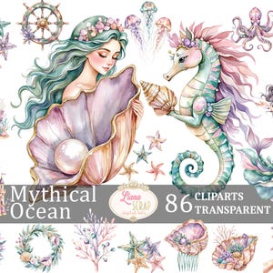 Mythische Ozean 86 Clipart-Set transparente PNG Meerjungfrau Muscheln digitale Kunst Scrapbooking Ozean Thema Illustrationen Küsten