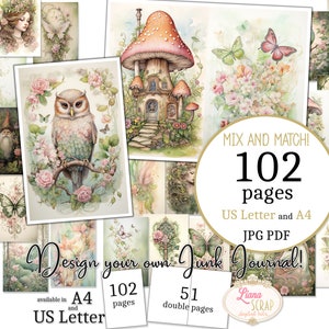 Junk Journal - Forest Garden - Tamaño carta de EE. UU. y A4, páginas de mezcla y combinación, papel digital del bosque encantado en PDF y JPG imprimibles