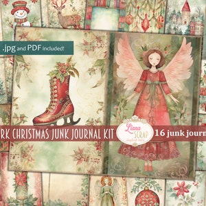 Patchwork Christmas Junk Journal Kit, afdrukbare kerstcollage, digitale kerstkit, kerstpapier