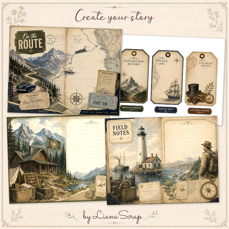 A collection of vintage adventure-themed junk journal pages and tags featuring mountain landscapes, nautical maps, a lighthouse, and explorer ephemera like compasses and old travel documents.