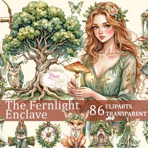 Ensemble de cliparts Fernlight Enclave 86 - aquarelle forêt, autocollants pour agenda numérique, PNG transparent, art de conte de fées, mystique