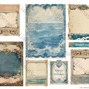 May include: A collection of vintage-style nautical-themed scrapbook paper elements. The designs feature ocean waves, ornate frames, and the text "Seashell dreams" and "Nautical Romance". The color palette includes shades of blue, beige, and brown.