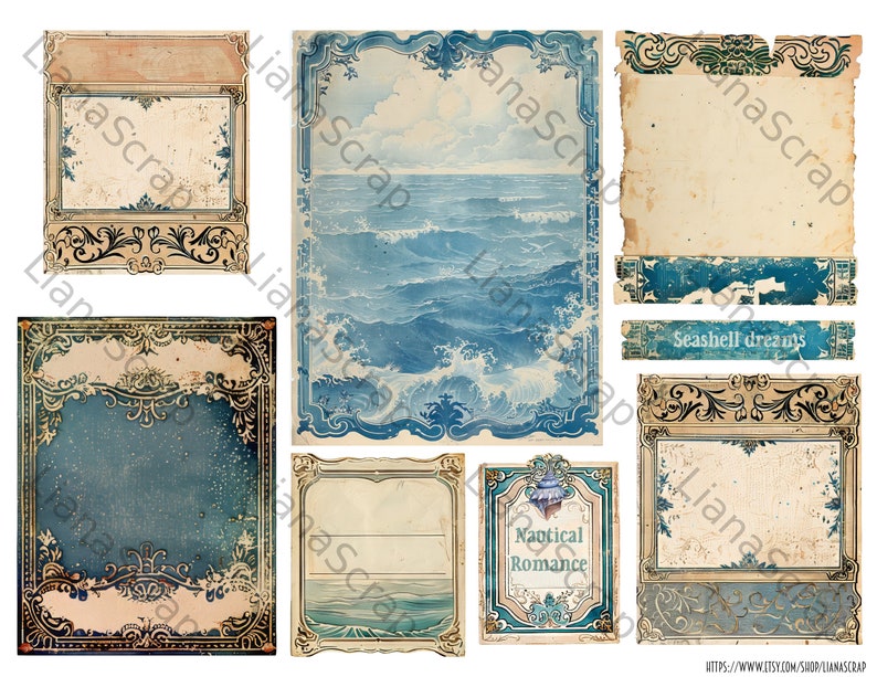 May include: A collection of vintage-style nautical-themed scrapbook paper elements. The designs feature ocean waves, ornate frames, and the text "Seashell dreams" and "Nautical Romance". The color palette includes shades of blue, beige, and brown.