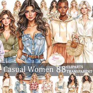 Casual Frauen Clipart - 88 modische Mädchen PNG, digitale Planer Aufkleber, Aquarell Illustrationen, trendige Outfit Grafiken, Scrapbooking