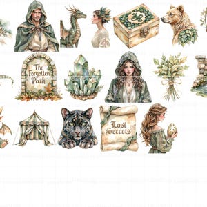 Fantasy Lady Dragon Clipart Set, Watercolor Illustrations (PNG) image 5