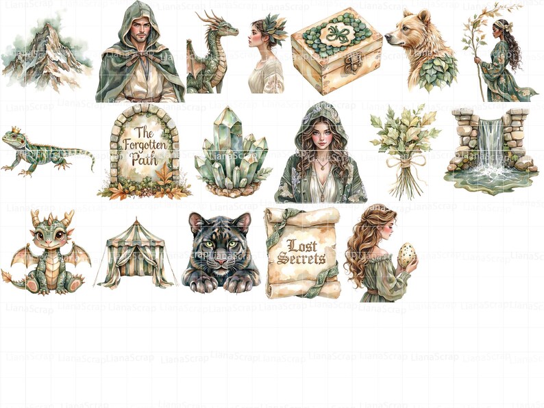 Fantasy Lady Dragon Clipart Set, Watercolor Illustrations (PNG) image 5