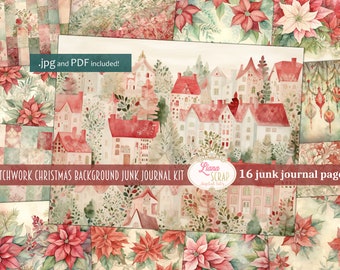 Patchwork Christmas Background Paper, Christmas Collage Printable, Digital Christmas Background Kit, Christmas Background paper