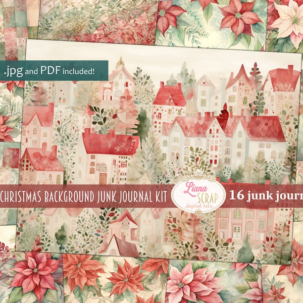 Patchwork Kerstachtergrondpapier, Kerstcollage afdrukbaar, Digitale Kerstachtergrondkit, Kerstachtergrondpapier