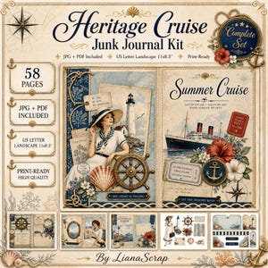 Puede incluir: Un kit de junk journal Heritage Cruise con 58 páginas en formato horizontal US letter de 27,94 x 21,59 cm. El diseño incluye un faro, un crucero, una persona con ropa náutica, un timón de barco, conchas marinas y efímeros de viaje vintage.