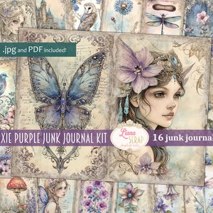 Pixie Purple Junk Journal Kit, Fantasy Collage Printables with Fairies, butterflies and flowers, digital scrapbook paper, fairy art journal
