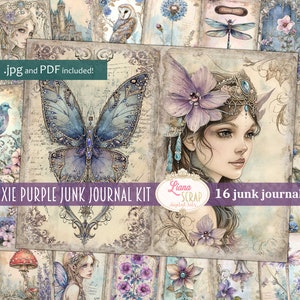 Pixie Lila Junk Journal Kit, Fantasy Collage Printables mit Feen, Schmetterlingen und Blumen, digitales Scrapbook Papier, Feen Kunst Journal