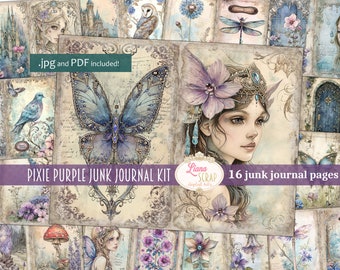 Pixie Purple Junk Journal Kit, Fantasy Collage Printables with Fairies, butterflies and flowers, digital scrapbook paper, fairy art journal