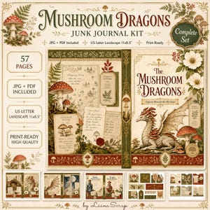 Può includere: Un kit per junk journal Mushroom Dragons contenente 57 pagine in formato orizzontale US Letter da 11x8,5 pollici. Il kit include file JPG e PDF con illustrazioni di draghi, funghi ed elementi botanici in una palette di colori vintage e terrosi.