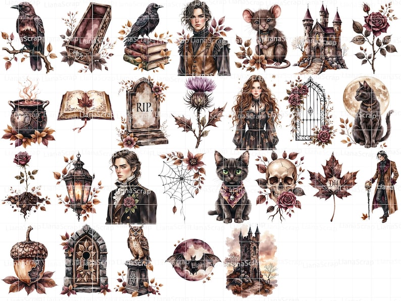 Gothic Autumn Clipart Set – Watercolor Halloween Graphics (PNG) image 4