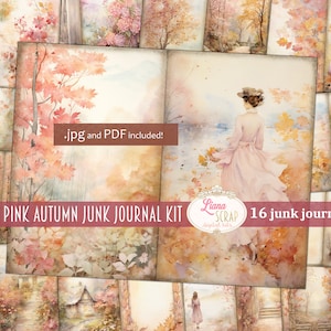 Kit de diário de lixo digital rosa outono, colagem de outono para impressão, kit sazonal digital, papel de diário de lixo digital da natureza