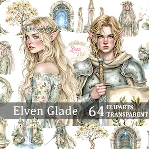 Elven Glade Clipart Fantasy Elfen Digitale kunst Aquarel illustratie Afdrukbaar ontwerp - 64 afbeeldingen