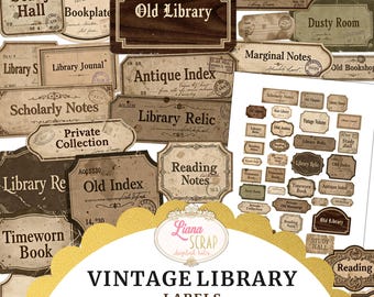 May include: A collection of vintage library labels with various text, including "Old Library," "Antique Index," and "Reading Notes." The labels have a distressed, aged appearance, with a sepia-toned color palette. The image also includes the text "VINTAGE LIBRARY - LABELS - 3 pages - jpg and PDF included!"