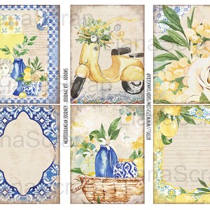 May include: A digital collage sheet with six different images. The images feature a yellow scooter, lemons, flowers, and blue and white patterned tiles. The text "Mediterranean Journey - Journal Kit - Add-ons" is included on the sheet.