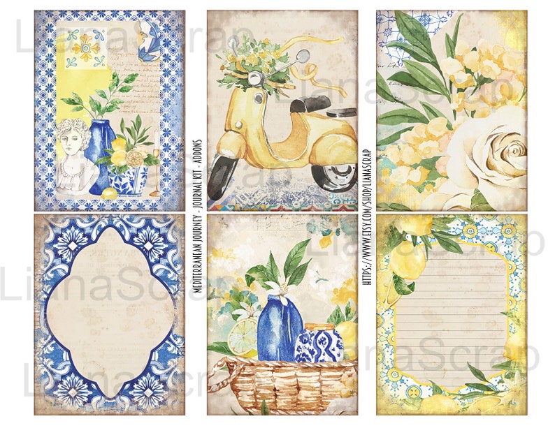 May include: A digital collage sheet with six different images. The images feature a yellow scooter, lemons, flowers, and blue and white patterned tiles. The text "Mediterranean Journey - Journal Kit - Add-ons" is included on the sheet.