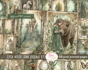 Elven Woods Digital Junk Journal Kit, Fantasy Elf Forest Collage Printable, Woodland Animals Junk Journal Paper, Guardian of the Forest