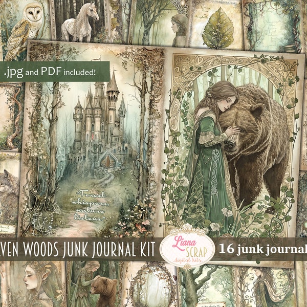 Elven Woods Digital Junk Journal Kit, Fantasy Elf Forest Collage Printable, Woodland Animals Junk Journal Paper, Guardian of the Forest
