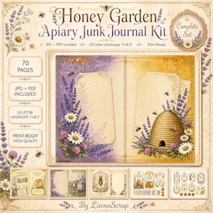 以下が含まれることがあります： 27.9 x 21.6 cmの横長サイズで70ページ構成のHoney Garden Apiaryジャンクジャーナルキット。ラベンダー、デイジー、ミツバチ、巣箱のイラストが描かれており、印刷可能なJPGおよびPDFファイルが含まれています。