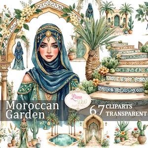 Jardin marocain 67 clipart numérique - PNG Transparent - décoration marocaine - motif floral - aquarelle jardin graphiques