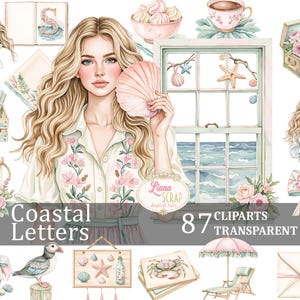 Images clipart 87 lettres côtières PNG transparents planificateur numérique autocollants vintage bord de mer, art plage été