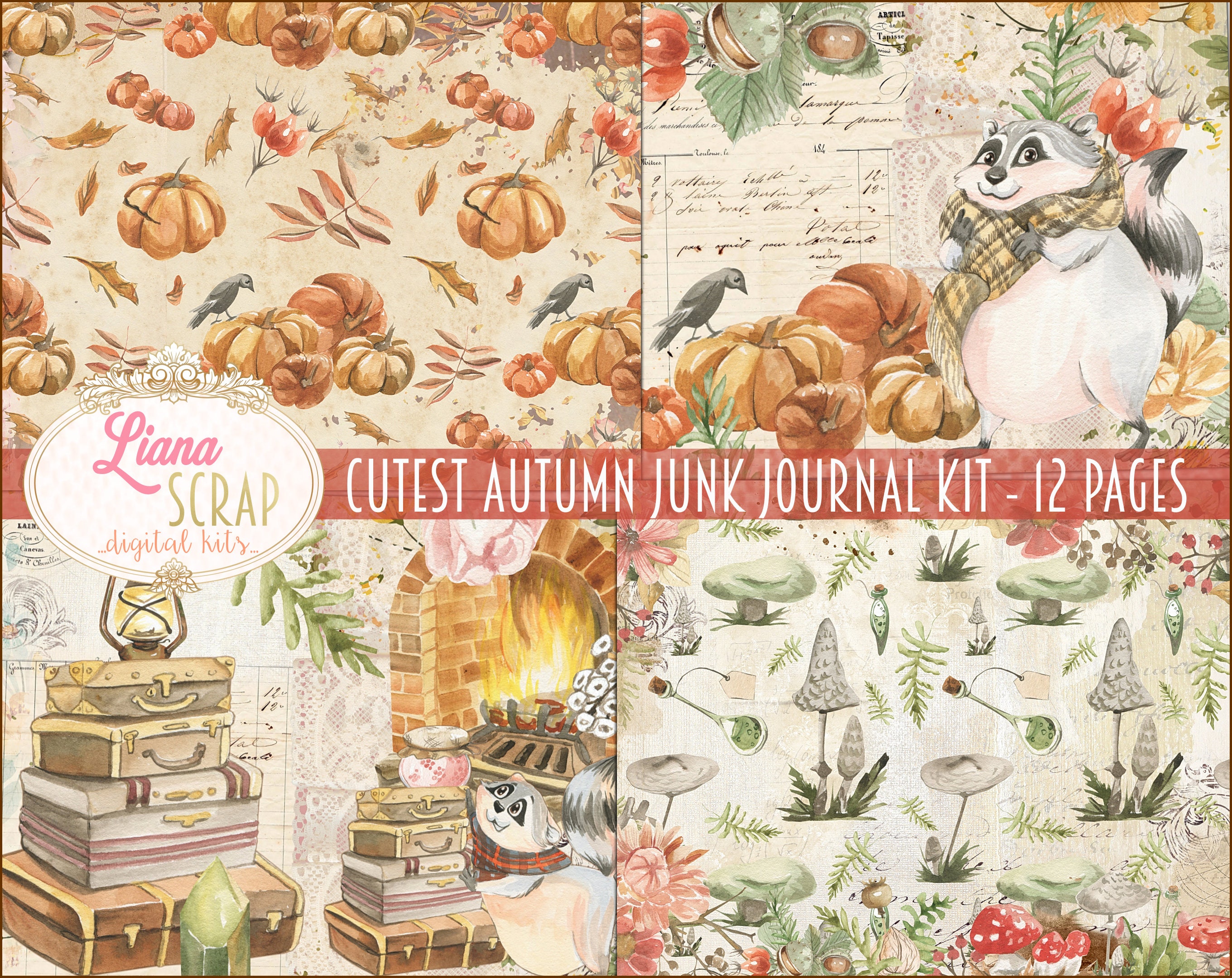 Cute Autumn Junk Journal  Kawaii Digital Paper - Inspire Uplift