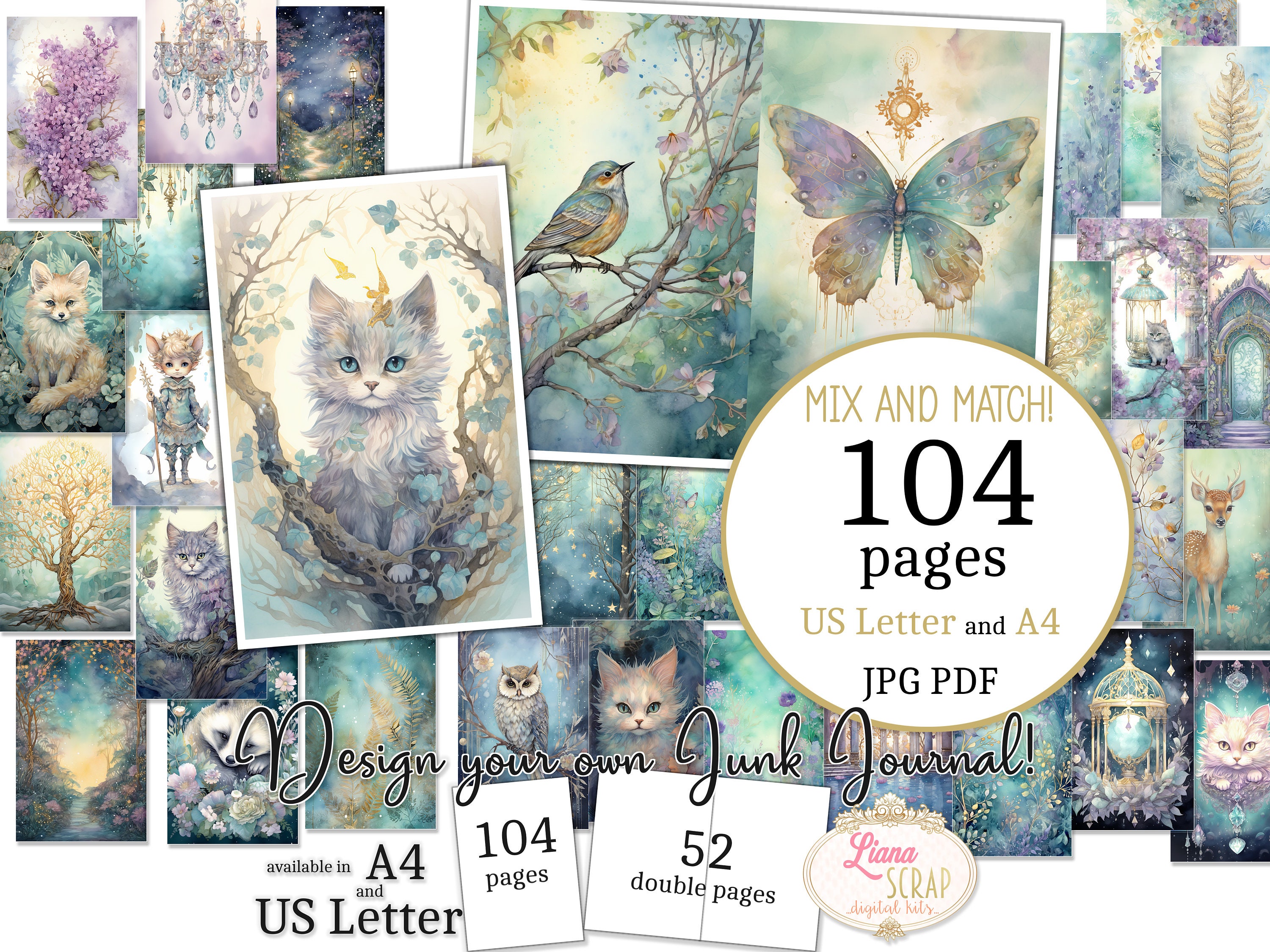Junk Journal - Blooming Elven Garden - US Letter and A4 size, Mix and Match Pages, Magical Forest Digital Paper in printable PDF and JPG