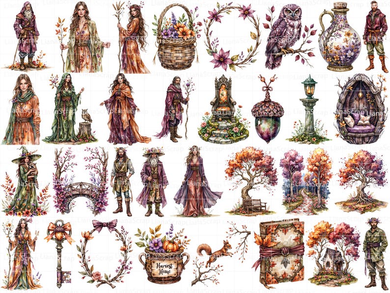 Watercolor Autumn Clipart Set – 96 PNG Fantasy Graphics (Digital Planners) image 2