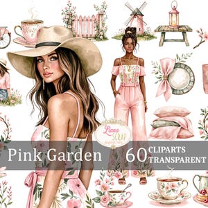 Jardin rose 60 Clipart numérique ensemble Floral rose mode PNG fond transparent, planner Clipart