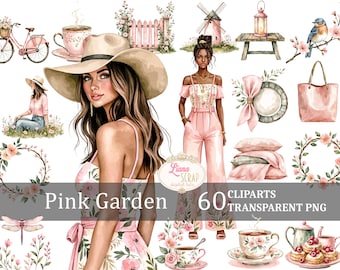 Puede incluir: Un conjunto de 60 ilustraciones de clipart de acuarela con un tema de jardín rosa. Las ilustraciones incluyen una mujer con un vestido rosa y un sombrero de vaquero, un molino de viento, una casita de pájaros, una linterna, un pájaro en una rama, una taza de té, una tetera, una corona, una libélula, una bolsa de mano y una corona floral.