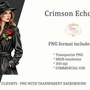 Puede incluir: Ilustraci&oacute;n digital de una mujer con abrigo y sombrero negros, con una rosa roja. La imagen incluye el texto "Crimson Echoes" y "&iexcl;Formato PNG incluido!" con detalles del archivo.