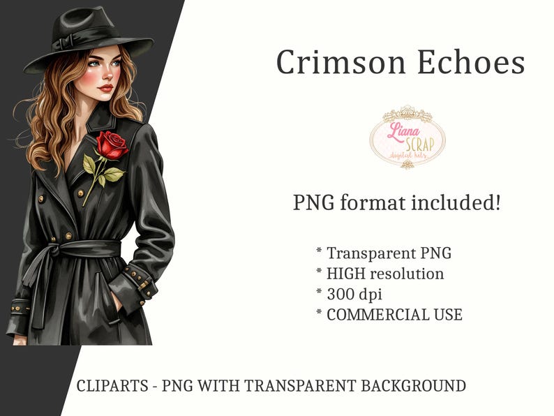 Puede incluir: Ilustraci&oacute;n digital de una mujer con abrigo y sombrero negros, con una rosa roja. La imagen incluye el texto "Crimson Echoes" y "&iexcl;Formato PNG incluido!" con detalles del archivo.