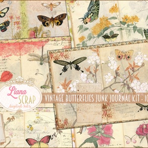Vintage Butterflies Junk Journal Digital Kit Printable, Floral Digital Collage Sheets, Butterfly and Flowers Junk Journal