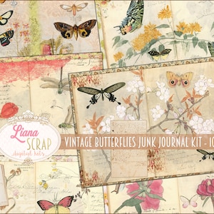 Vintage Butterflies Junk Journal Digital Kit Printable, Floral Digital Collage Sheets, Butterfly and Flowers Junk Journal